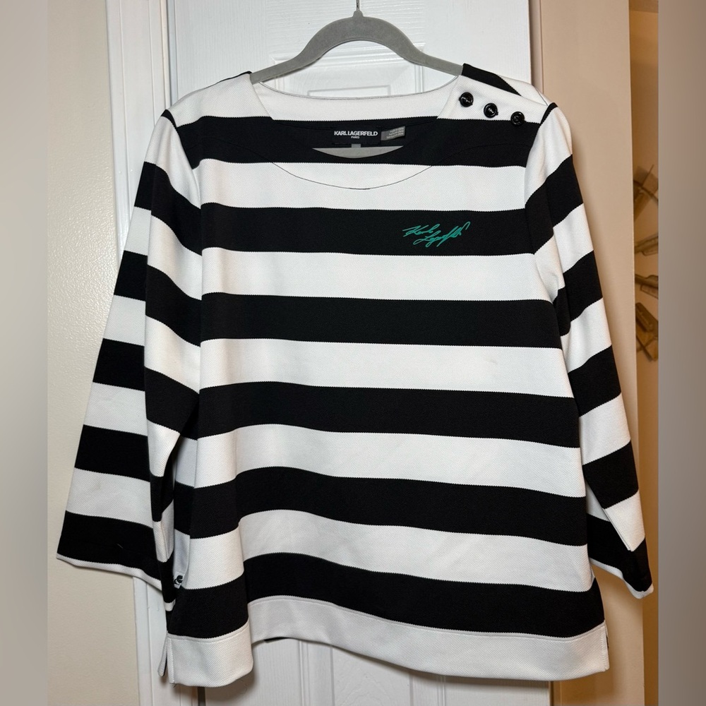 Karl Lagerfeld Paris Women’s Striped Long Sleeve Pullover Top- Size Large